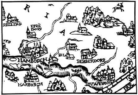 "Bergerdorp" auf einer Karte von Marcus Jordanus 1559