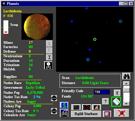 Das Planets-Fenster von Winplan